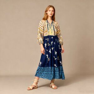 NWOT Johnny Was Cana Blue Embroidered Long Sleeve Floral Maxi Dress Size S